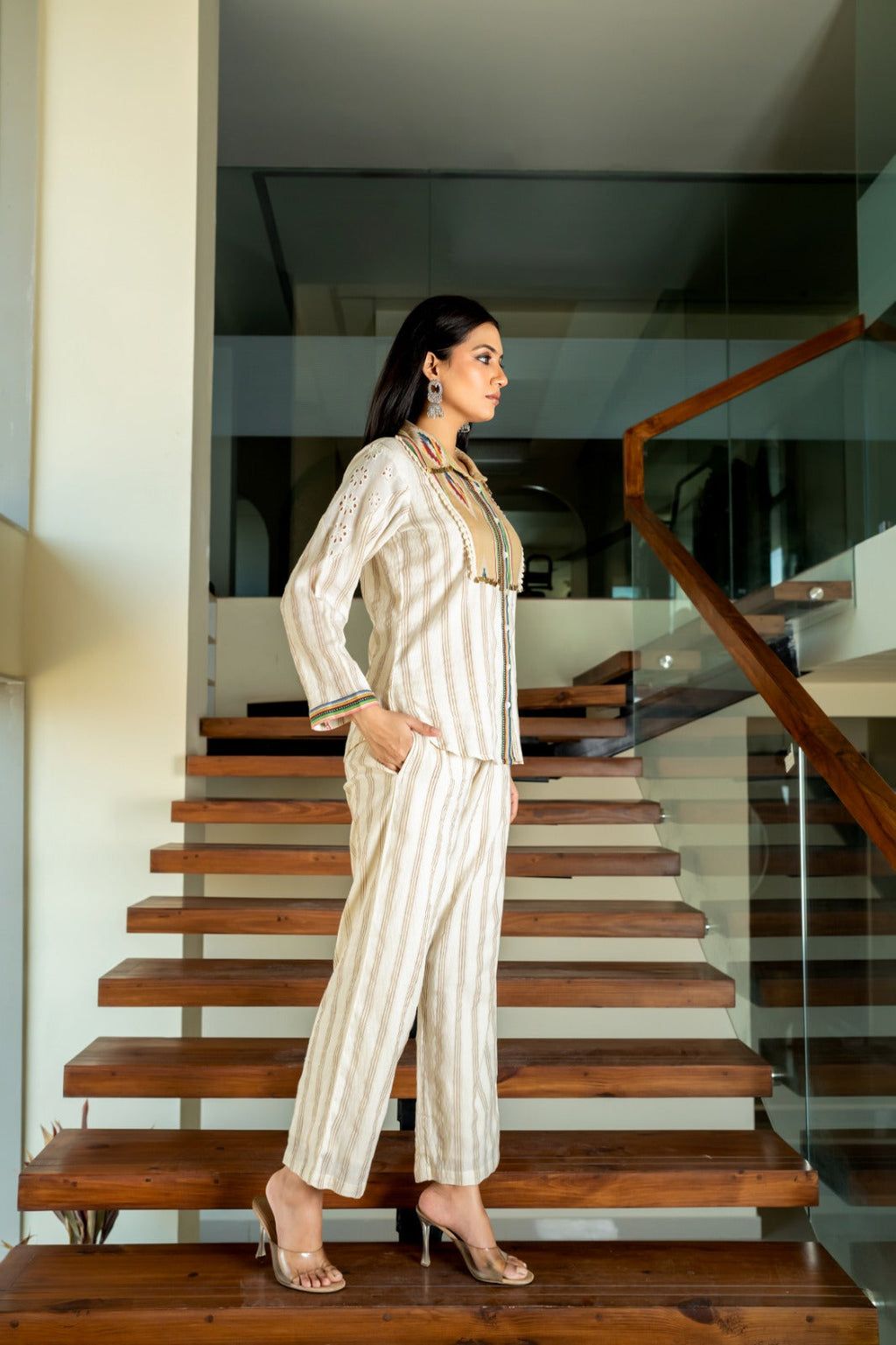 Elegant Beige Striped Stylish Co-ord Set