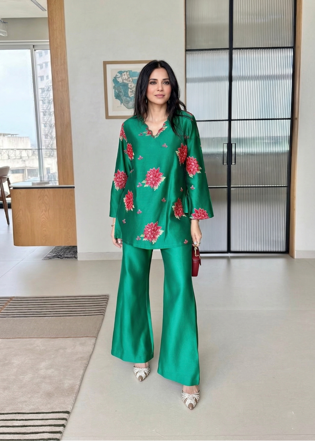 Emerald Green Embroidered Roman Silk Co-Ord Set