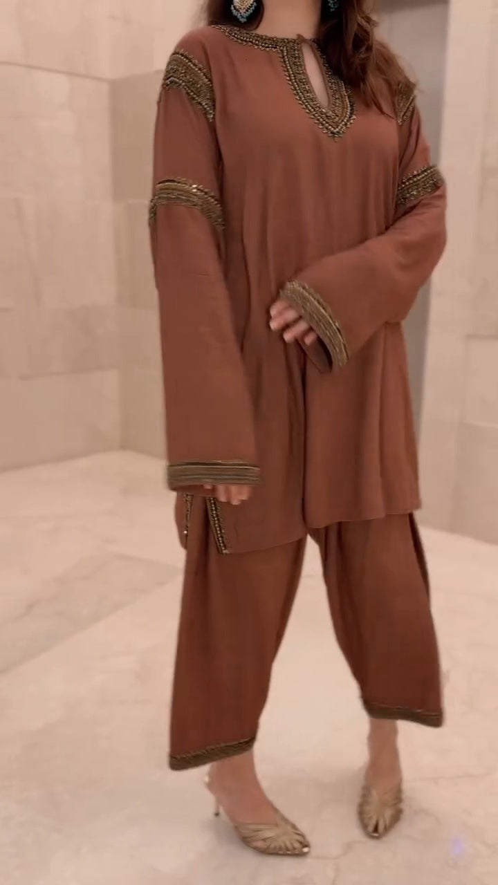 Mocha Embellished Kurta Pant Co-Ord Set