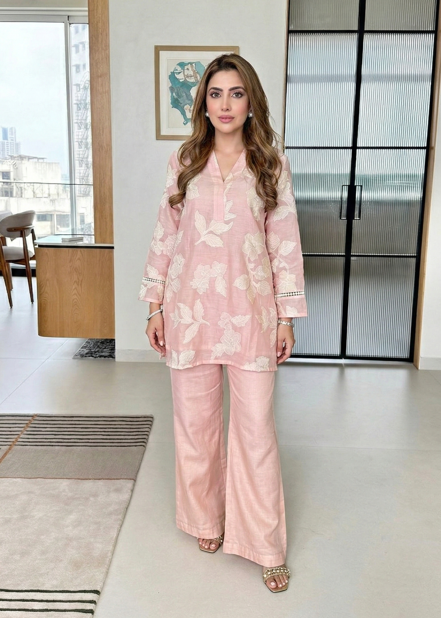 Pink Embroidered Mul Chanderi Festive Co-Ord Set