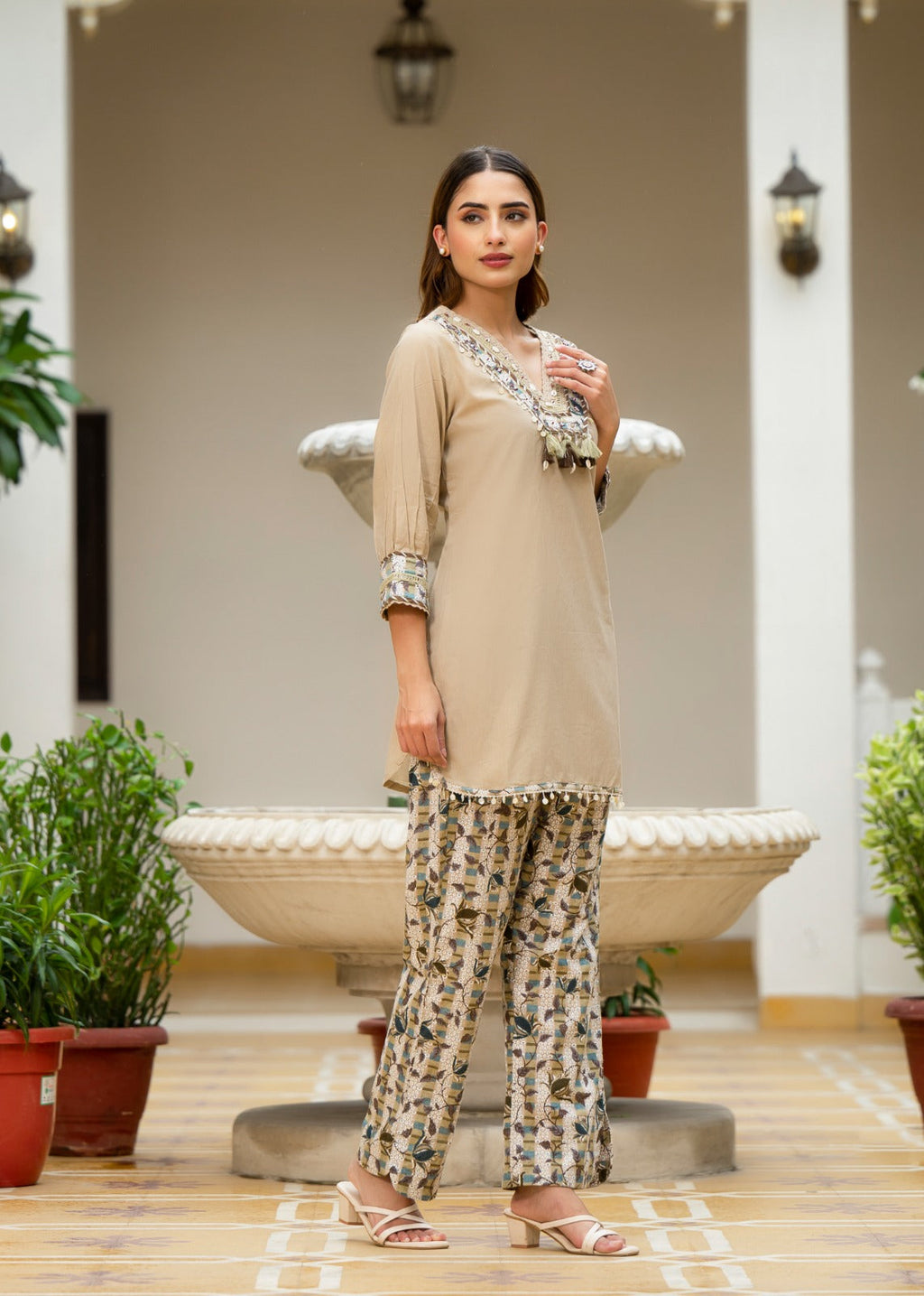 Roman Silk Co-ord Set with Embroidered Neckline & Pure Jacquard Bottom