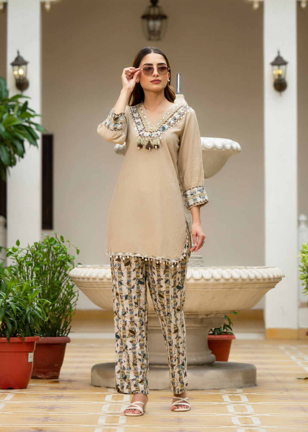 Roman Silk Co-ord Set with Embroidered Neckline & Pure Jacquard Bottom