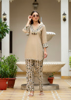 Roman Silk Co-ord Set with Embroidered Neckline & Pure Jacquard Bottom