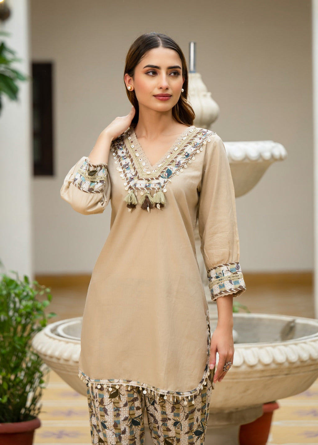 Roman Silk Co-ord Set with Embroidered Neckline & Pure Jacquard Bottom