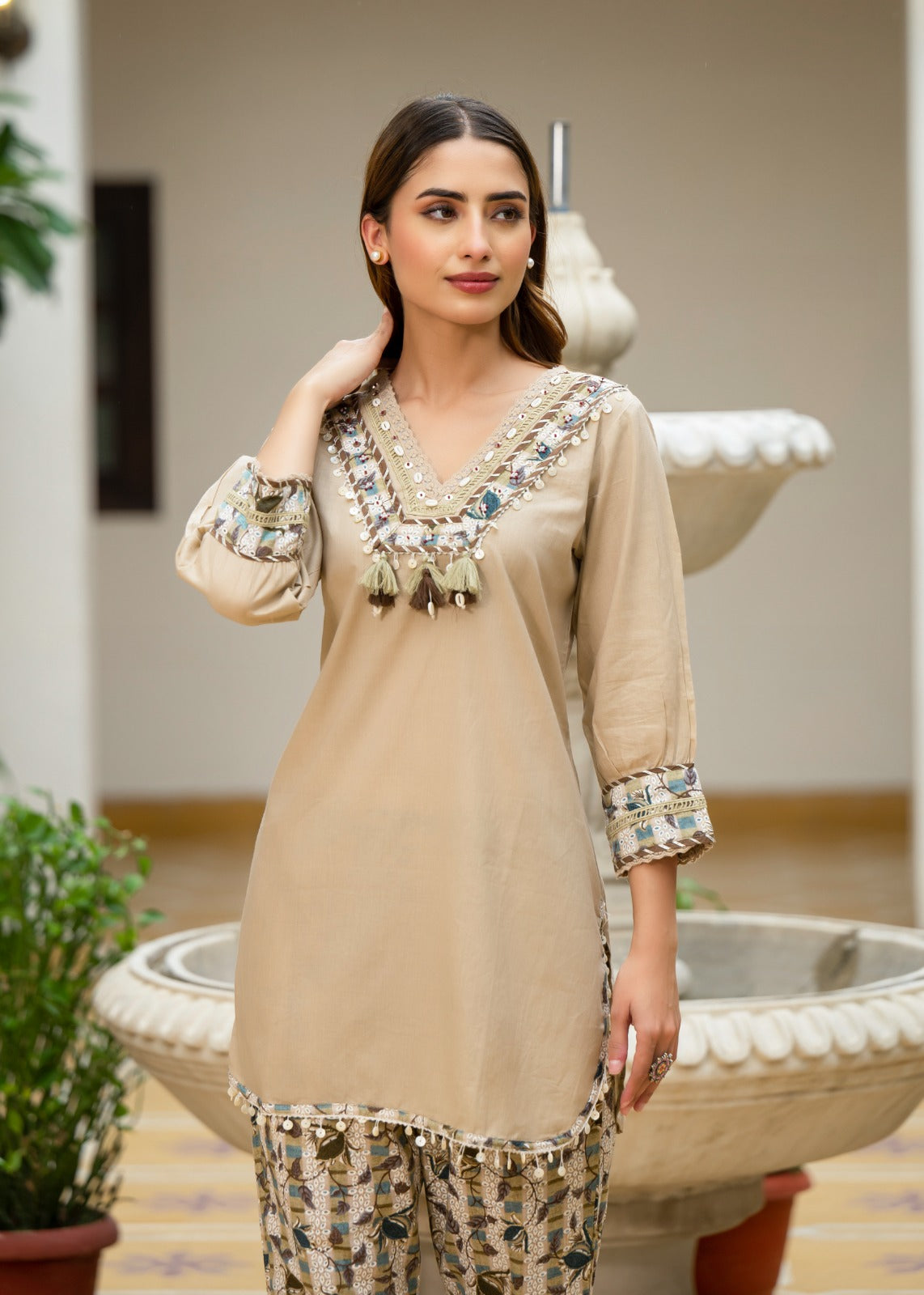 Roman Silk Co-ord Set with Embroidered Neckline & Pure Jacquard Bottom