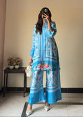 Blue Casual Printed Armani Satin Top and Pants Set