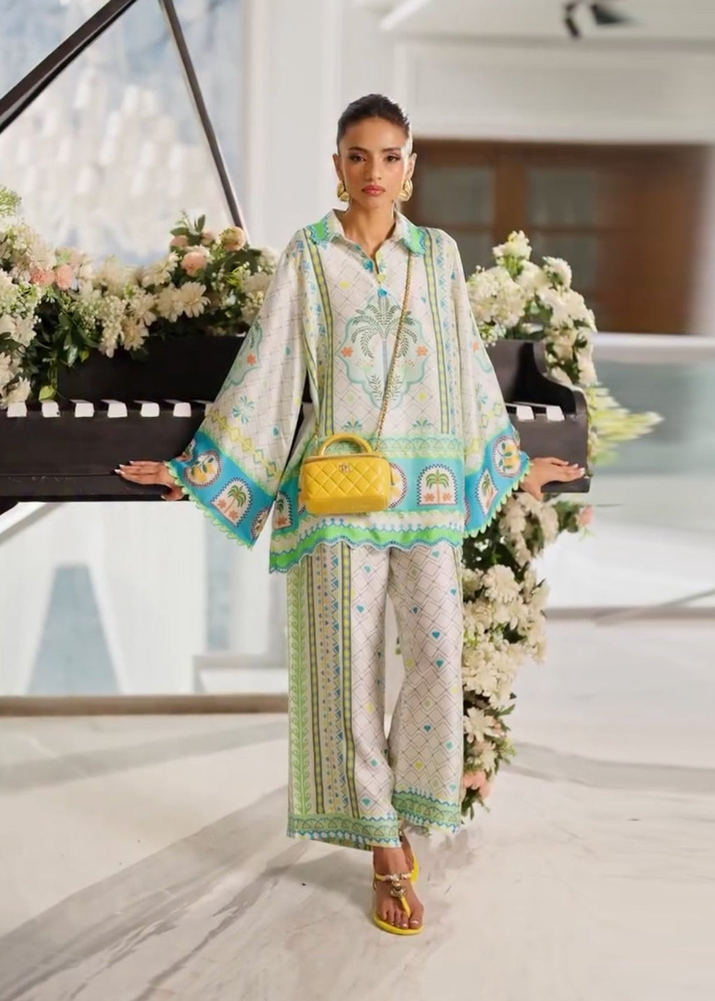 Tropical Palm Digital Print Satin Co-ord Set